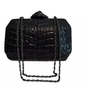 Crocodile Skin Leather Black Druzy Gemstone Clutch